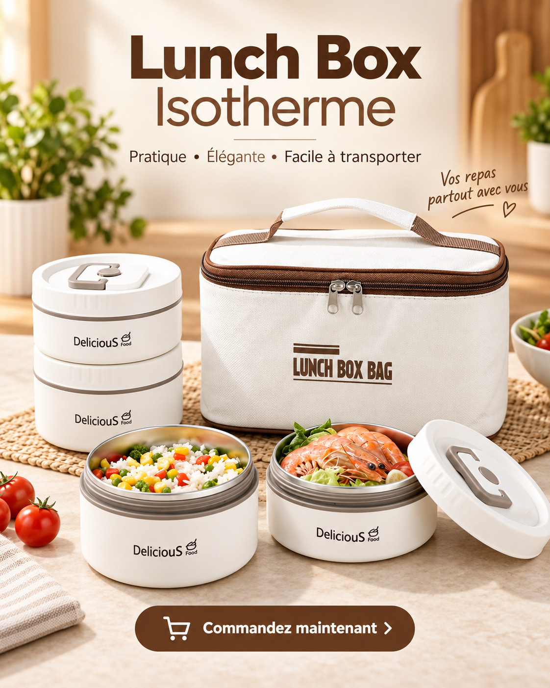 Lunch box isotherme inox 4 compartiments avec sac